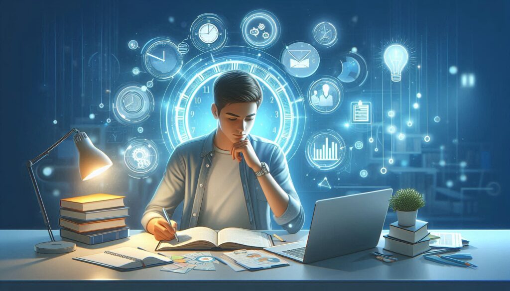 A focused student studying for a competitive exam at a desk, surrounded by books, a laptop, and notes. A glowing clock in the background represents time management, with floating icons of a checklist, light bulb, and graph symbolizing smart study strategies. The scene conveys productivity and motivation