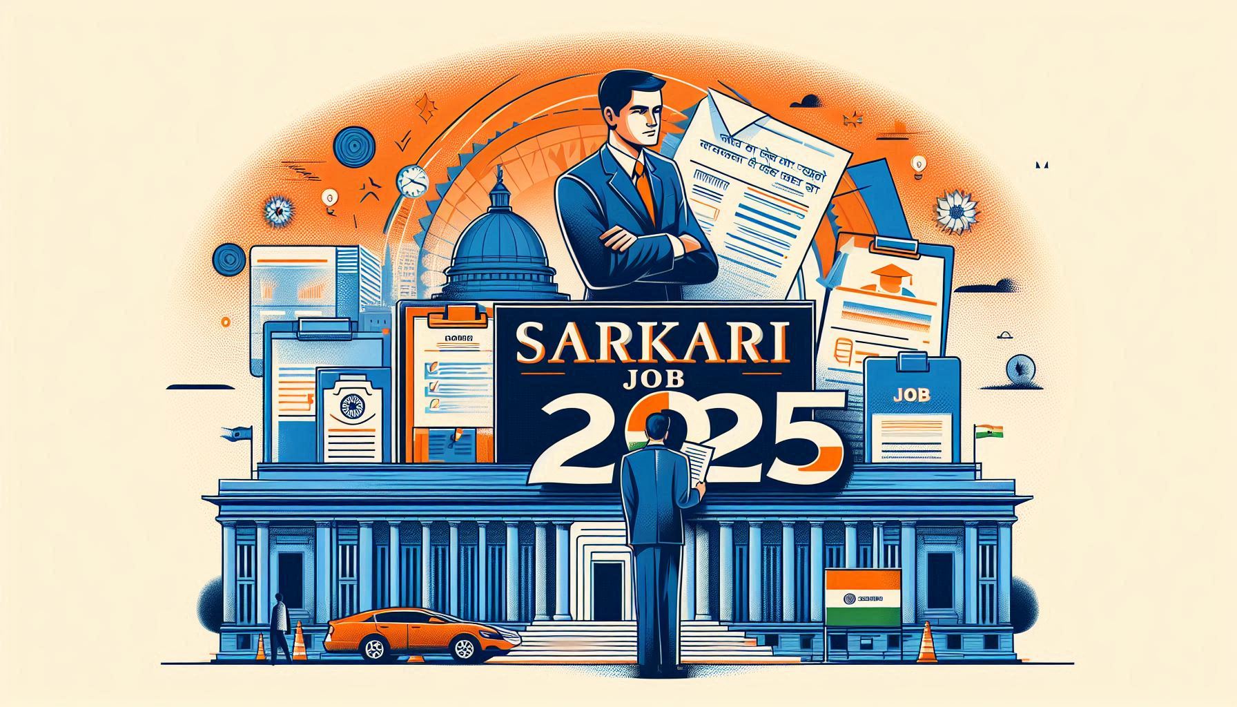Illustration of 'Sarkari Job 2025' with a government building, official documents, and a young aspirant holding a resume, symbolizing Indian government job opportunities