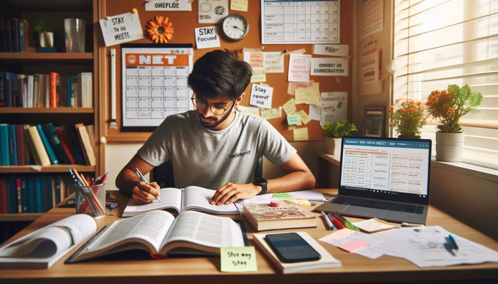 NEET preparation tips: A student studying with NCERT books, notes, and a structured study plan, focusing on effective NEET exam preparation.