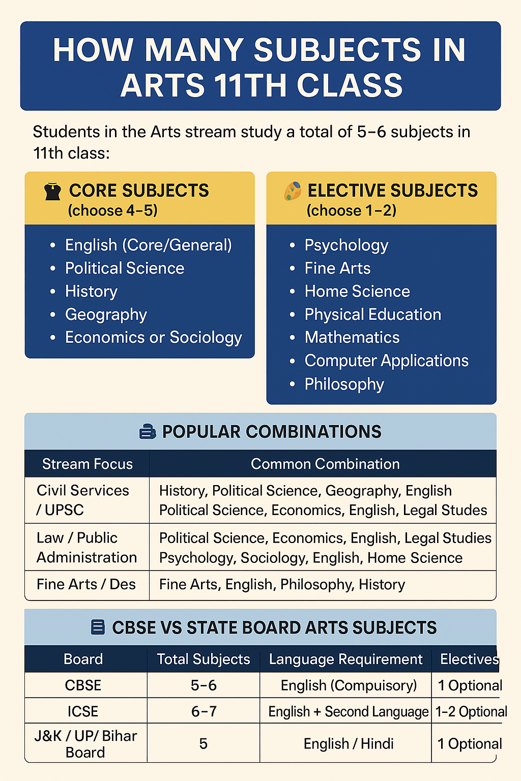 How many subjects in Arts 11th class India 2025